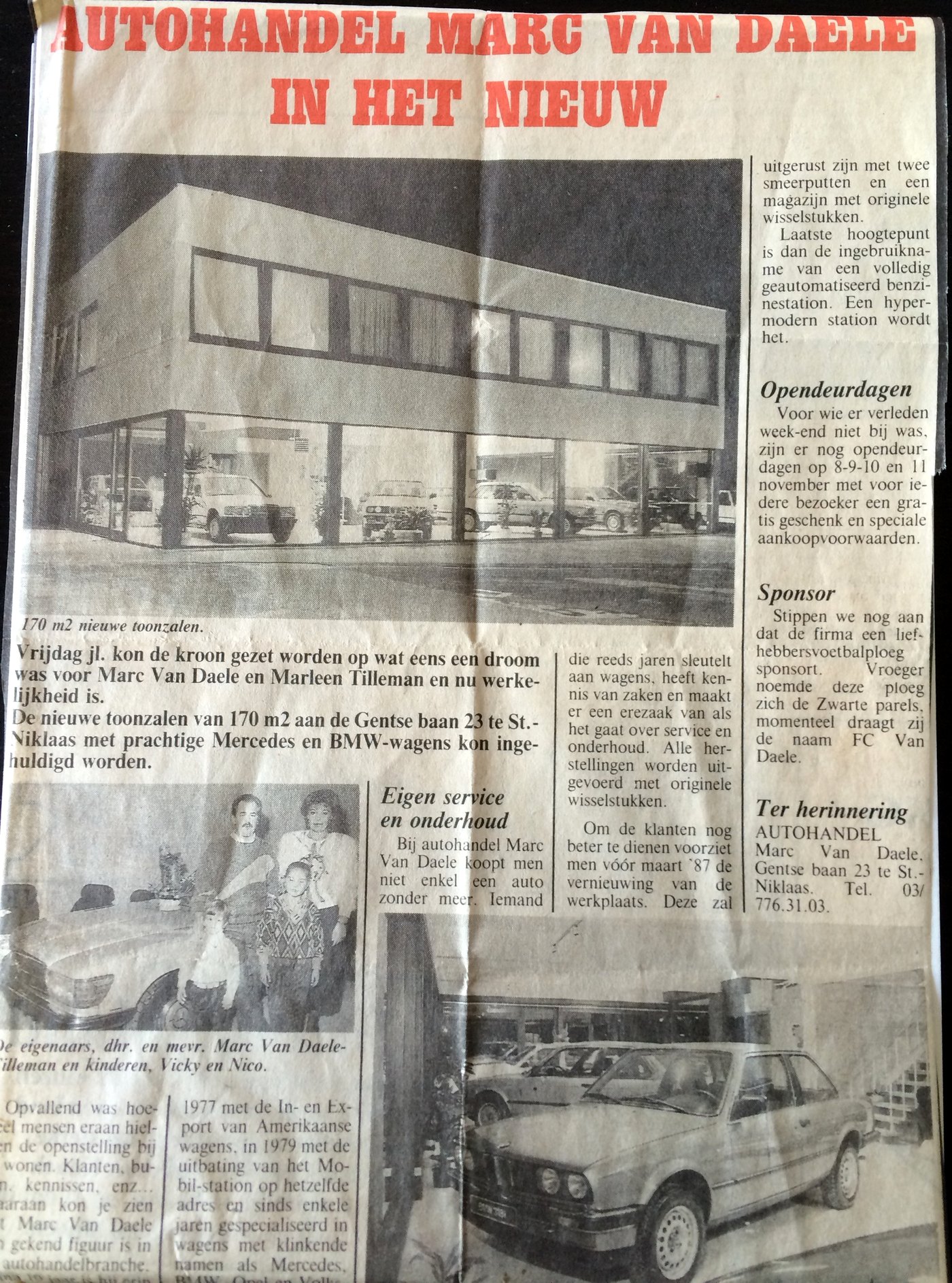 Krantenartikel uit november 1986 over de nieuwe toonzalen van Autohandel Marc Van Daele aan de Gentse Baan in Sint-Niklaas