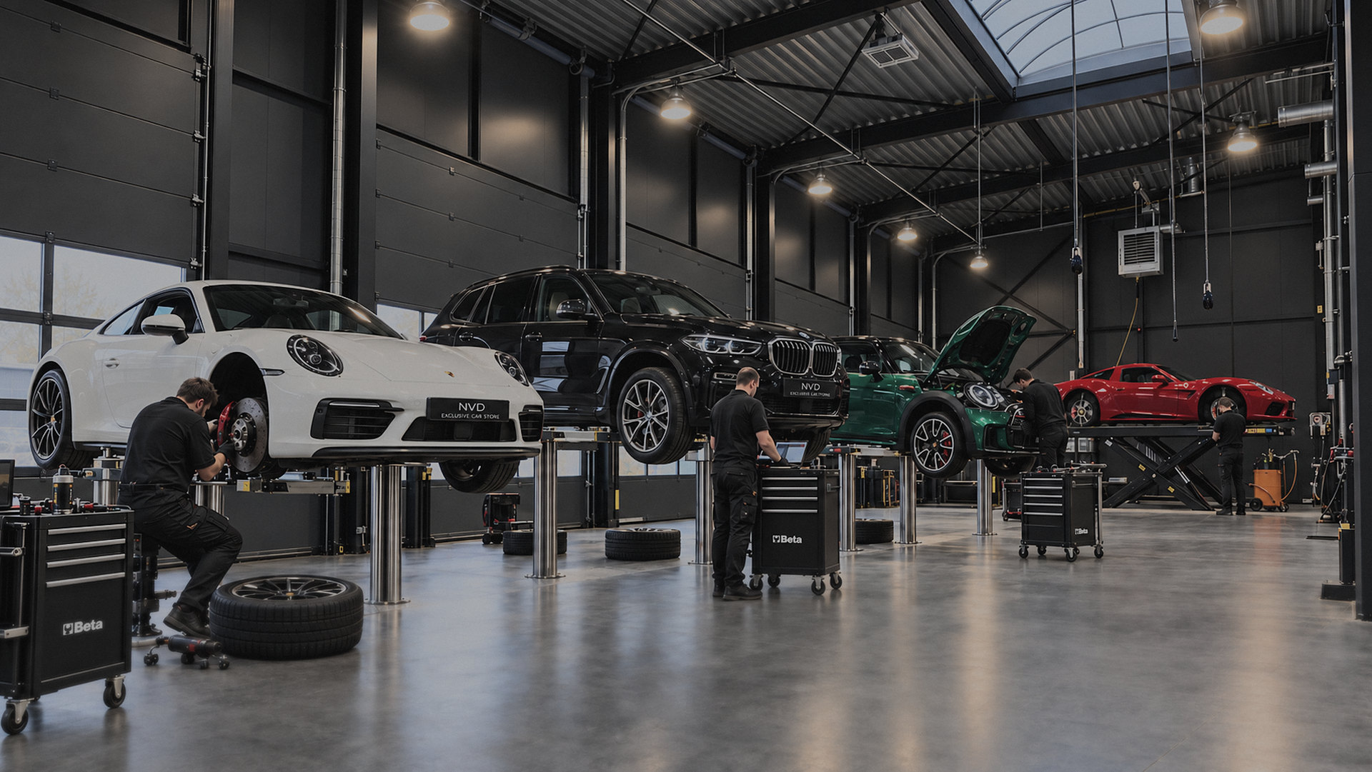Techniekers aan het werk in de werkplaats van NVD Exclusive Car Store in Sint-Niklaas