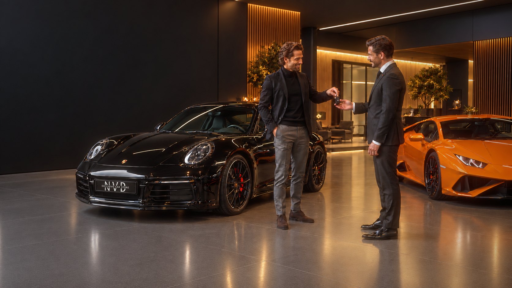 Overdracht van een exclusieve wagen in de showroom van NVD